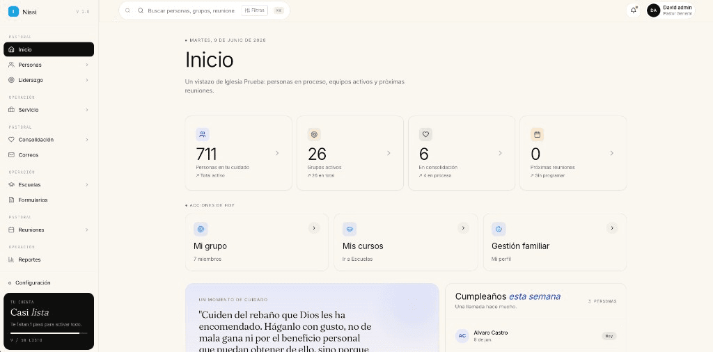 Panel de Nissi con reportes y gestión pastoral para iglesias